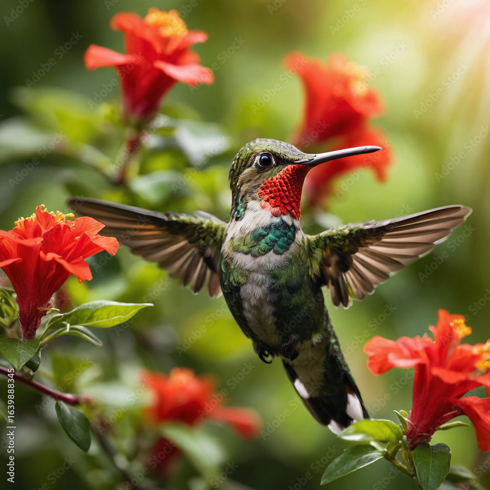 Fototapeta premium Tiny hummingbird hovers near vibrant red hibiscus flowers in lush garden