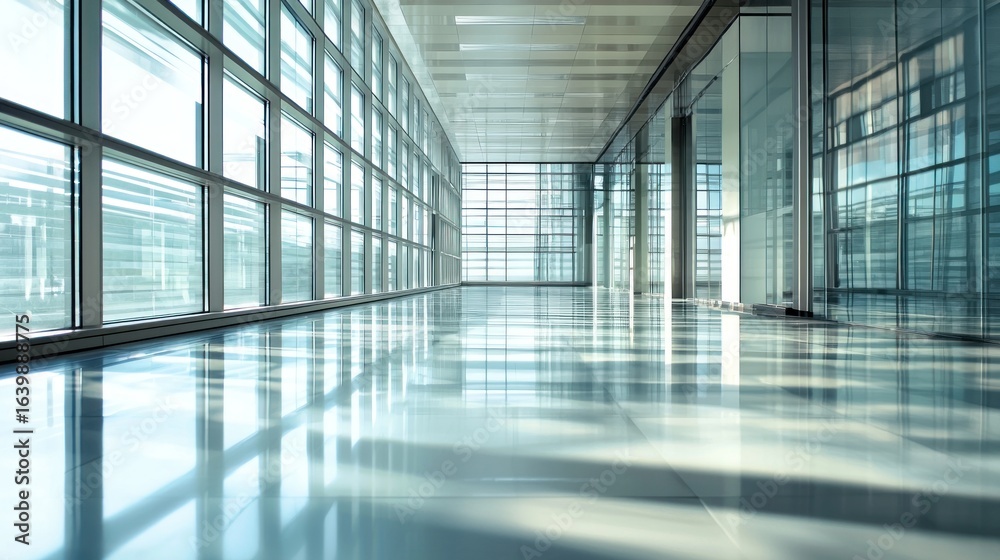 A spacious, modern office hallway with glass walls and a polished, reflective floor. A spacious, modern office hallway with glass walls and a polished, reflective floor.