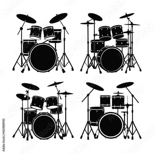 Four drum set silhouettes in various arrangements for musical design projects