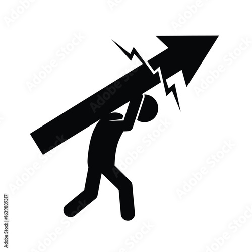 Person carrying a heavy upward trending arrow with lightning strikes