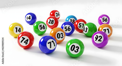 Colorful lottery balls with various numbers scattered on a white surface, featuring red, blue, green, and yellow spheres