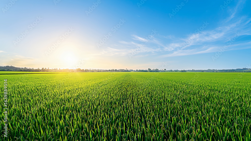 Obraz premium Lush green rice field under clear blue sky with bright sun rising in background, creating serene and peaceful atmosphere