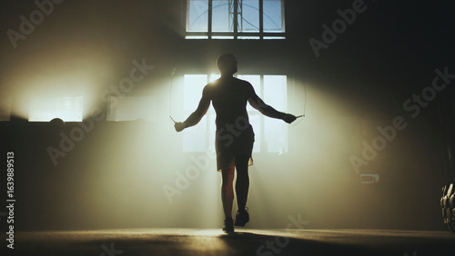 Photography Boxer training using jump rope in dark gym