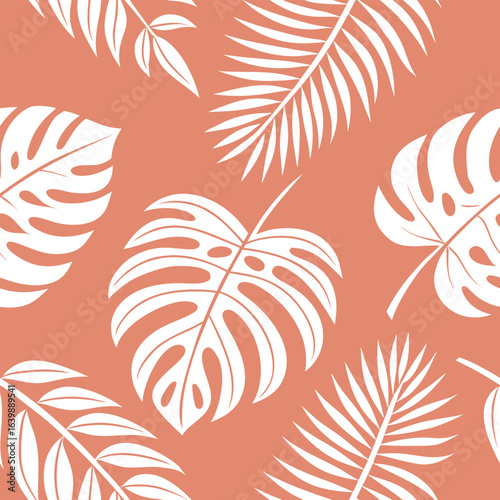 White tropical leaves including monstera and palm on coral pink seamless pattern background