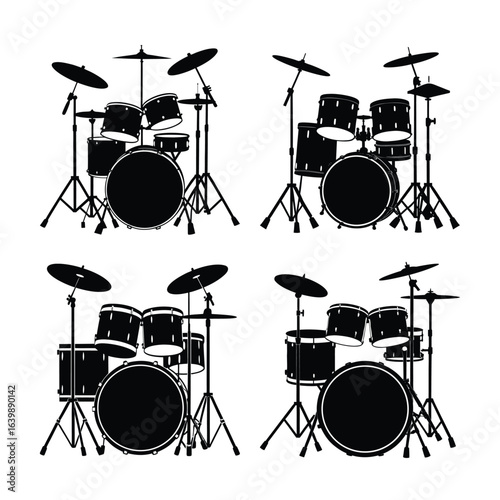 Four Silhouette Drum Sets Musical Instruments for Rock Jazz and Percussion