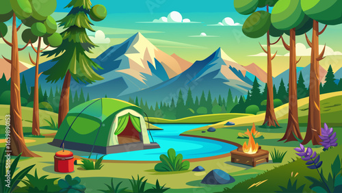Camping green tent in forest near lake, surrounded by tall pines, golden sunlight reflecting on calm water, peaceful atmosphere, nature’s embrace, inviting adventure, solitude, and serene moments unde