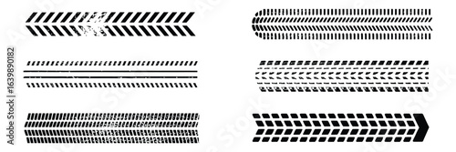 Tire track set featuring realistic vector tyre marks of car, bike, motorcycle with grunge effect, wheel footprints, road elements, and dirty rubber protector patterns on white background

