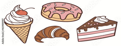 Sweet Treats:  Ice Cream Cone, Donut, Croissant, and Cake Slice;  Cute Cartoon Style;  Pastel Color Palette