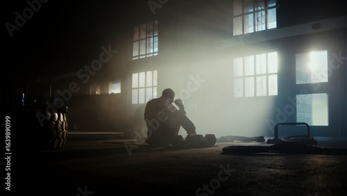 Schilderij op canvas Tired athlete resting after intense workout in industrial gym