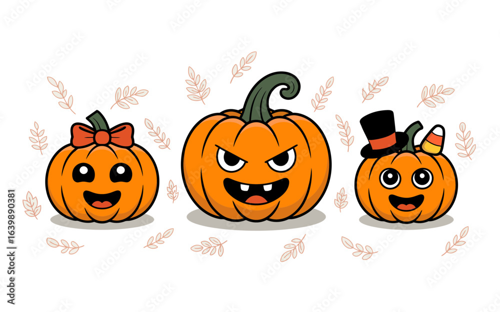 Fototapeta premium Three cartoon pumpkins with leaves halloween cute
