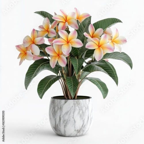 Vibrant plumeria in a marble pot.