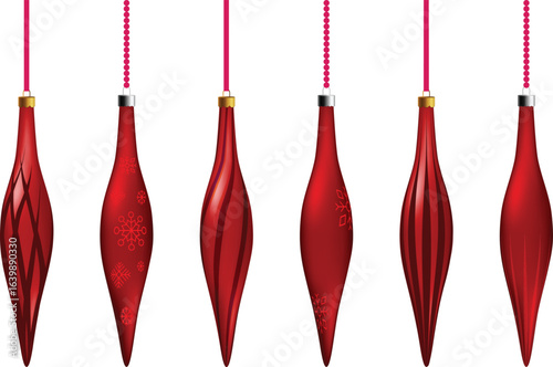 Vector. 3d Christmas decorative finials isolated on white background. Holiday hanging decorations. Red ornaments collection.