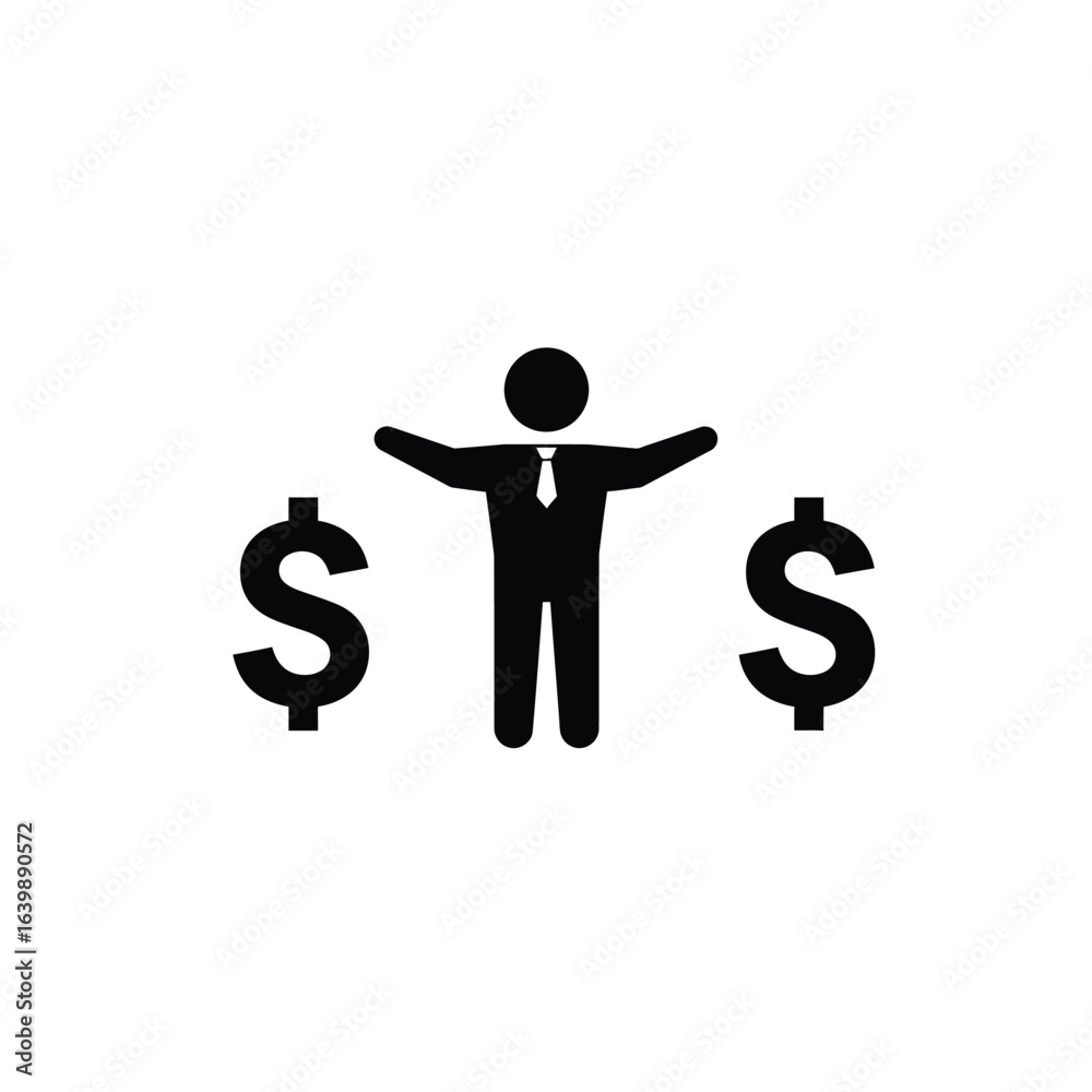 Businessman with open arms and dollar signs on both sides Businessman with open arms and dollar signs on both sides