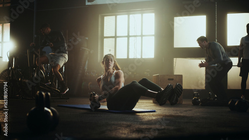 Obraz na plátně Determined sportswoman doing russian twist exercise with kettlebell in gym
