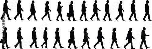 Silhouettes of business people walking, men and women, corporate commute, professional attire, office workers, teamwork, urban lifestyle, daily routine illustration