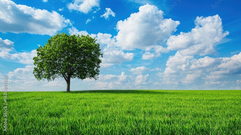 Obraz premium A lone tree stands in a vast, green field under a clear blue sky with fluffy white clouds.
