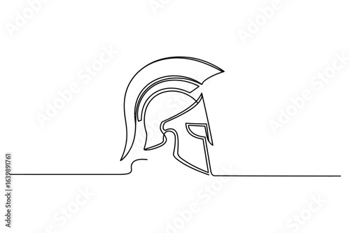 One line drawing of a gladiator helmet. A simple minimalist line art.