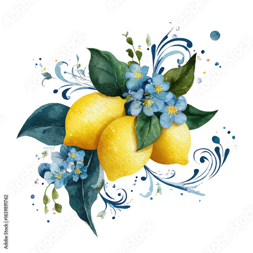 Two vibrant yellow lemons, surrounded by stylized blue flowers, lush green leaves, and ornate dark blue swirls