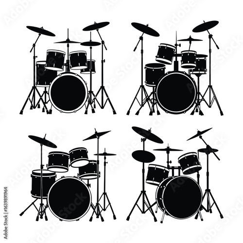 Four Drum Set Silhouettes Arranged on a White Background for Design