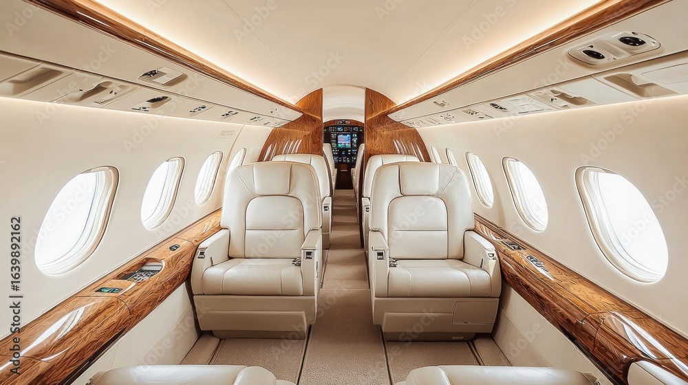 Obraz premium The interior of a luxurious private jet with white leather seats and wooden accents.