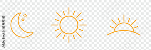  sun icons set, sunshine and solar glow, sunrise, sunset. Decorative circle full and half sun and sunlight. Hot solar energy for tan. light and dark theme, weather icons,flat vector design, minimal UI