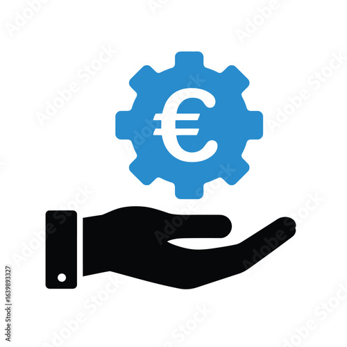 Hand holding a blue gear with a euro symbol