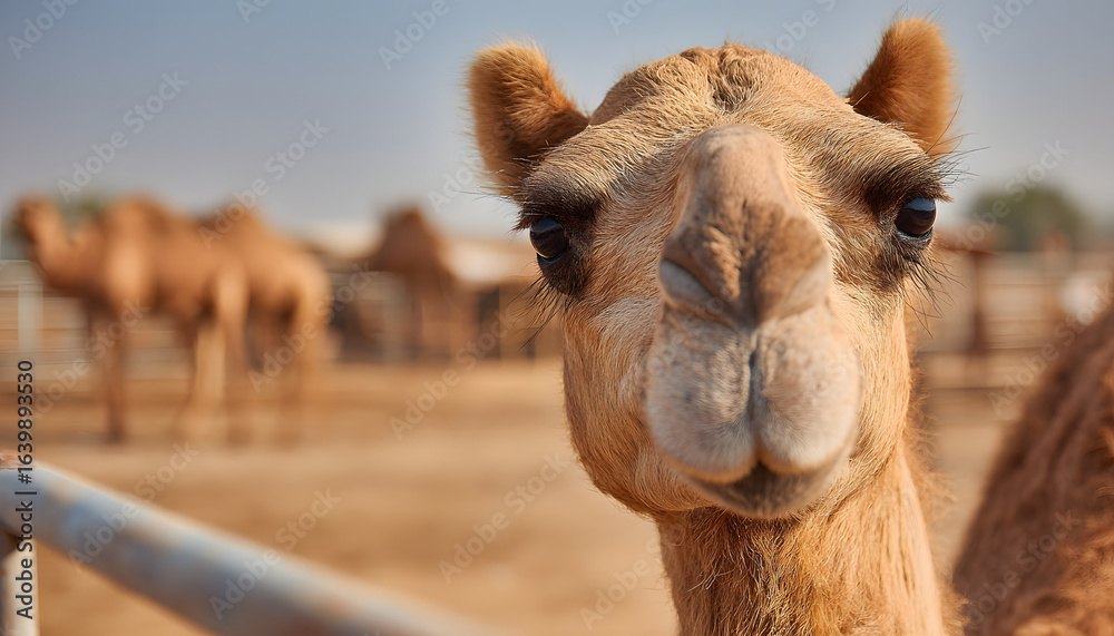 Fototapeta premium close up of camel s head on the background of a camel farm side view
