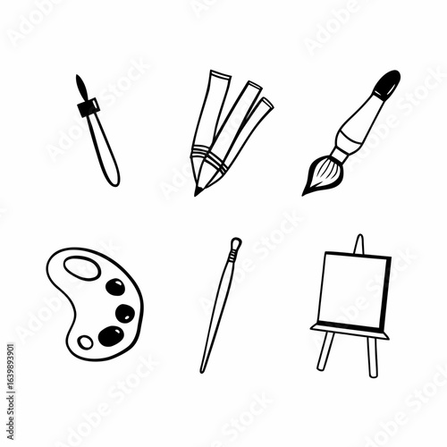 Illustration of art supplies, including brushes, palette, pencils, pen, canvas, and easel isolated on white background