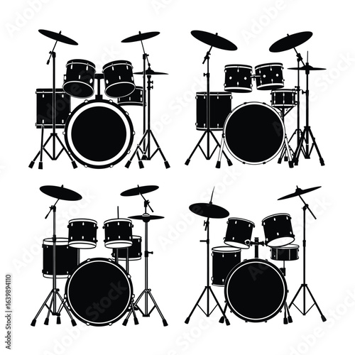 Four Drum Set Silhouettes for Music Band Concert and Percussion Designs