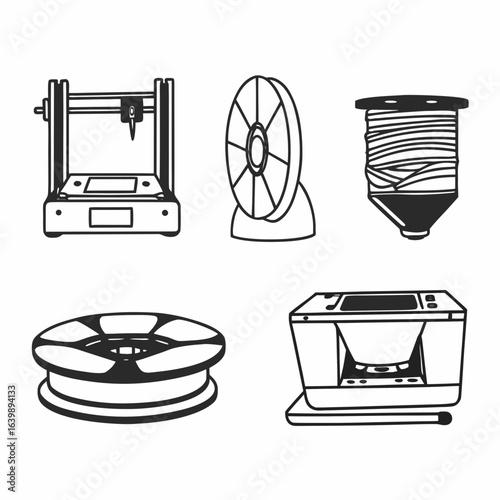 Illustration of various 3d printing related objects, isolated on white background