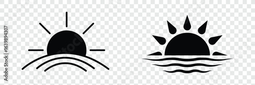  sun icons set, sunshine and solar glow, sunrise, sunset. Decorative circle full and half sun and sunlight. Hot solar energy for tan. light and dark theme, weather icons,flat vector design, minimal UI