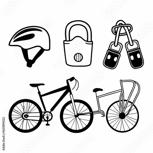Bicycle accessories including helmet, lock, and tandem bicycle isolated on white background