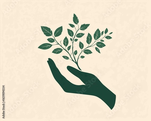 Green leaves emerging from an open hand symbolizing care and connection to nature in a minimalistic style