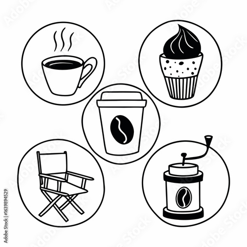 Hand drawn set of coffee and cafe elements isolated on white background for menu and decoration