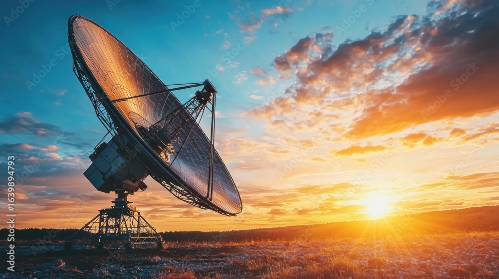 A large satellite dish against a vibrant sunset sky. The dish is a symbol of communication and technology. The scene captures the beauty of nature and technology coexisting. A large satellite dish against a vibrant sunset sky. The dish is a symbol of communication and technology. The scene captures the beauty of nature and technology coexisting.