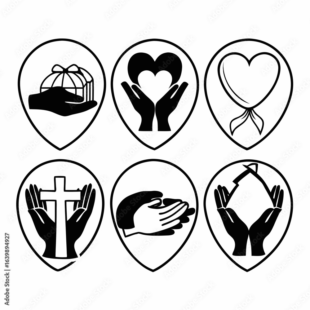 Collection of black and white icons representing charity, love, support, and religious faith isolated on white background Collection of black and white icons representing charity, love, support, and religious faith isolated on white background