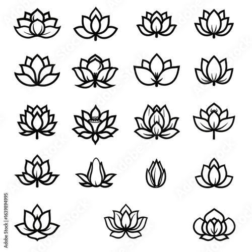 Black outline lotus flowers, glittered