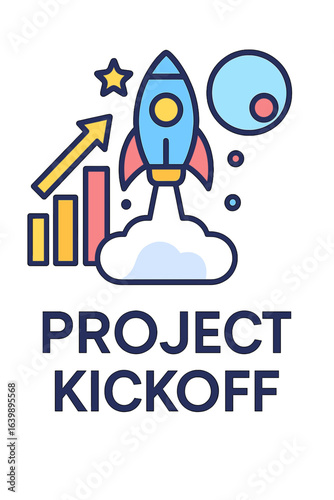 Project kickoff illustration with rocket, clouds, and growth icons project kickoff board