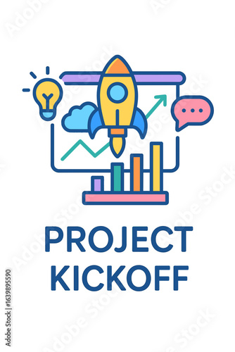 Project kickoff illustration with rocket, charts, and light bulb project kickoff board
