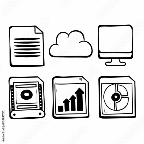 Illustration of document, cloud, computer, server, chart, and harddrive isolated on white background