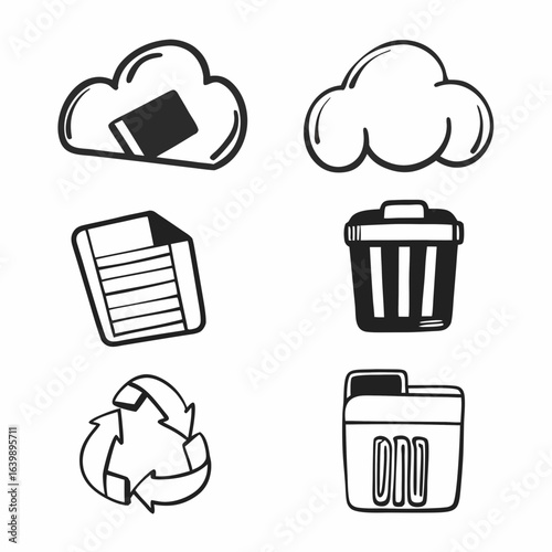 Illustration of cloud computing and file management icons featuring recycle bin and cloud storage isolated on white background