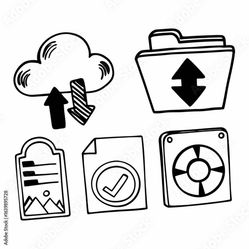 Illustration of cloud, folder, harddrive, card, and file isolated on white background