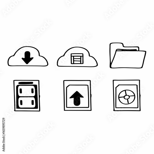 Illustration of cloud, folder, server, and card isolated on white background