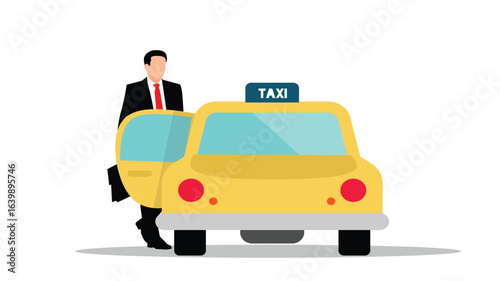 Businessman Flat Icon Design: Yellow Taxi Cab, Professional Transportation, Modern Minimalist Style