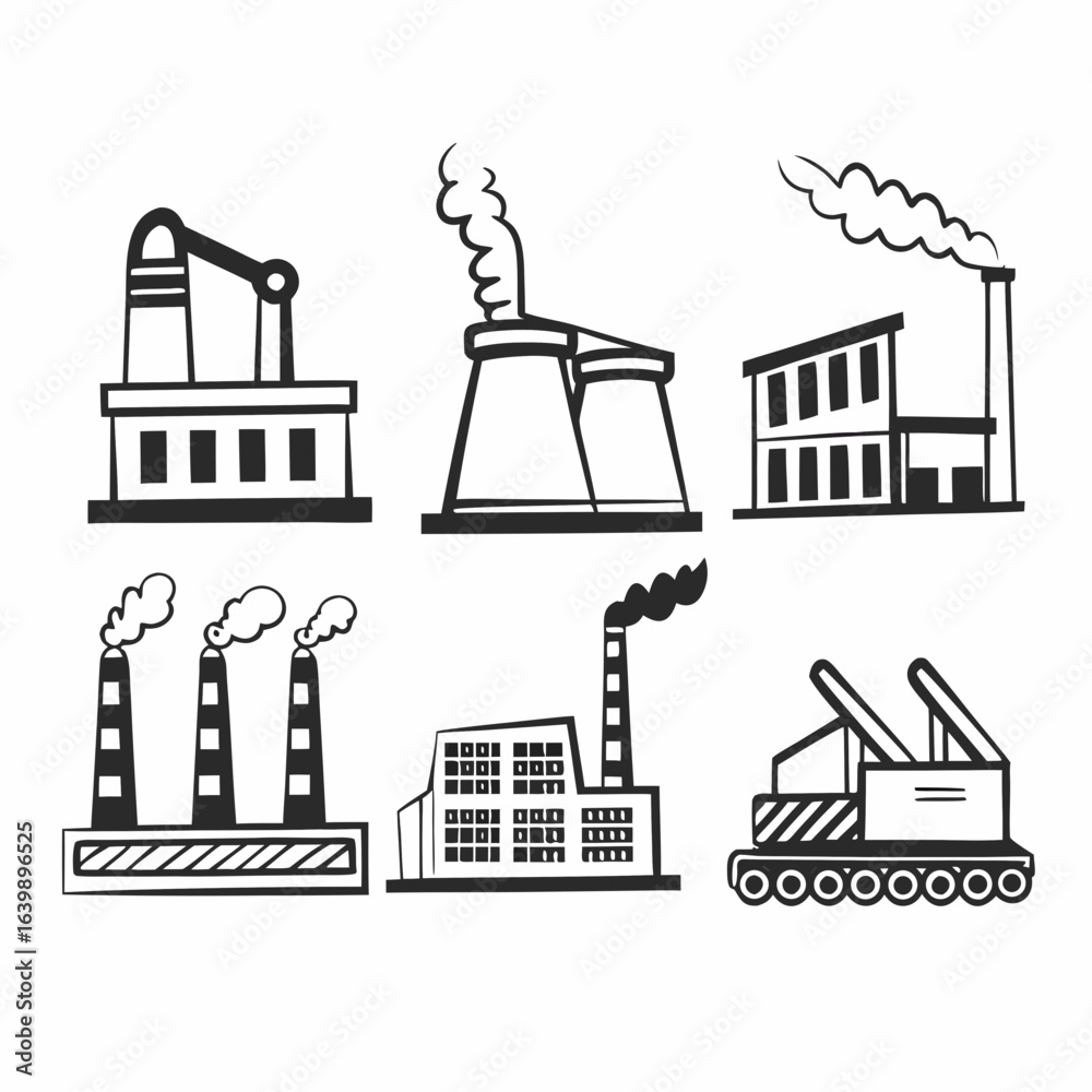 Fototapeta premium Illustration of various industrial factories and plants isolated on white background