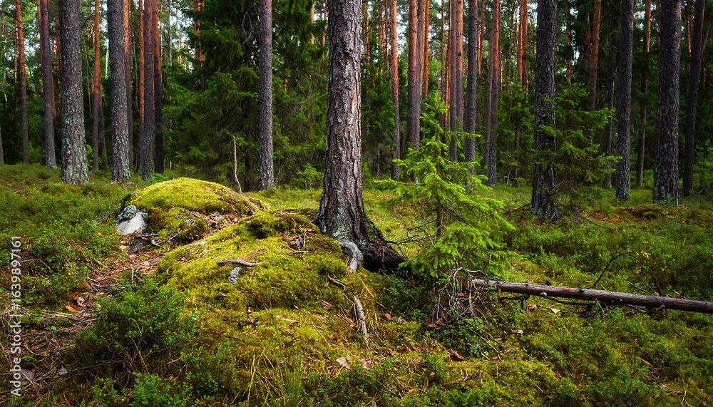 Fototapeta premium Lush forest floor with moss and trees.