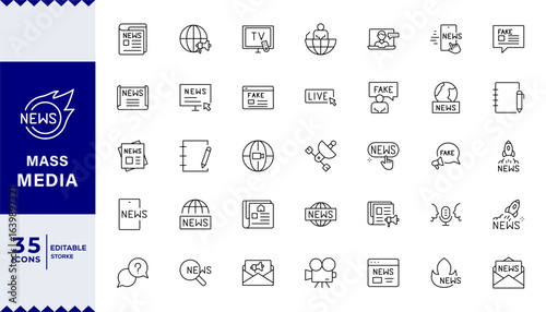 Pixel Perfect,Mass media and journalism line icon set. TV show, program, news, report, video and interview. Outline vector icon in linear style. Series of pictograms.