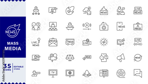 Pixel Perfect,Mass media and journalism line icon set. TV show, program, news, report, video and interview. Outline vector icon in linear style. Series of pictograms.