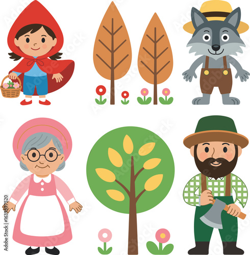 PrintFairy tale characters, Little Red Riding Hood, grandmother, wolf, woods, forest, lumberjack, storybook scene, cartoon illustration, children’s story, classic fairy tale