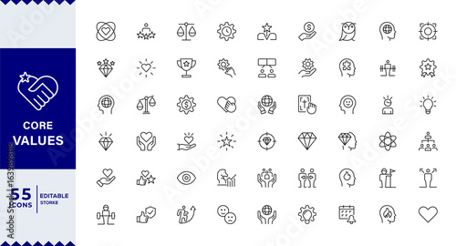 Pixel Perfect,  Core values line icons. Integrity, Empathy and Strategy. Vision, Social Responsibility, Commitment, Personal Growth, Innovation, Family, Problem Solving. icon set Collection